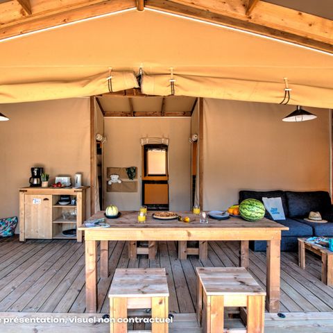 TENTE TOILE ET BOIS 5 personnes - Cabane Cotton Toilée 35m² (2 chambres) + TV + Terrasse semi-couverte