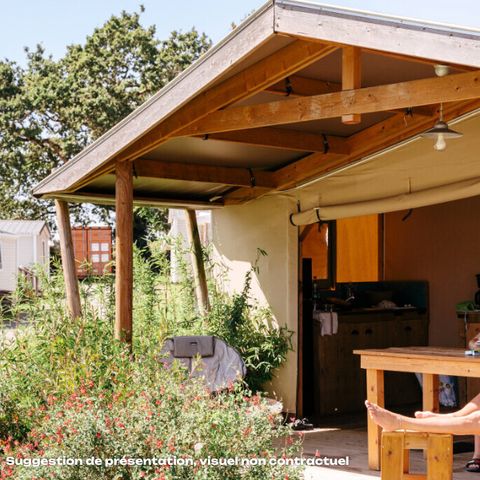 TENTE TOILE ET BOIS 6 personnes - Cabane Cotton Toilée 35m² (3 chambres) + TV + Terrasse couverte