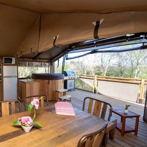 Tente en toile et en bois 7 personnes - Lodge Kenya Premium + bain nordique