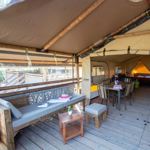 Tente en toile et en bois 7 personnes - Lodge Kenya Premium + bain nordique