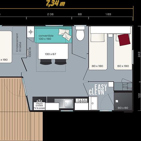 STACARAVAN 6 personen - Comfort 22m² 2 kamers + halfoverdekt terras op palen
