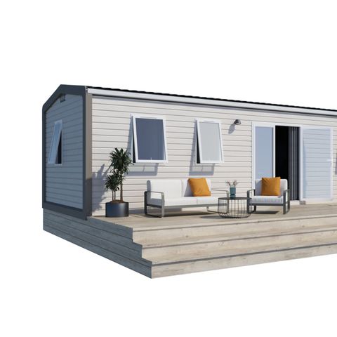 MOBILHEIM 6 Personen - Premium 32m² (3 Schlafzimmer) + Überdachte Terrasse + TV + Klimaanlage