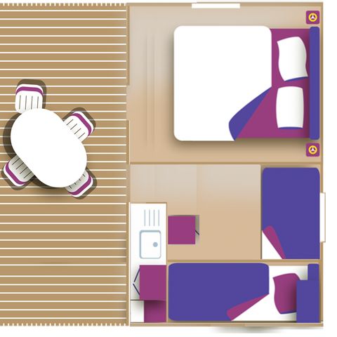 Bungalowzelt 4 Personen - Standard "Tithome" 30m² - 2 Zimmer - ohne Sanitäranlagen - davon Terrasse