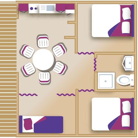 Tente en toile et en bois 5 personnes - Lodge Confort "Paillotte" 35m² - 2 chambres + sanitaire - Terrasse couverte