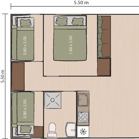 TENTE TOILE ET BOIS 5 personnes - Polari - Tente Safari + sanitaires + climatisation (6P)