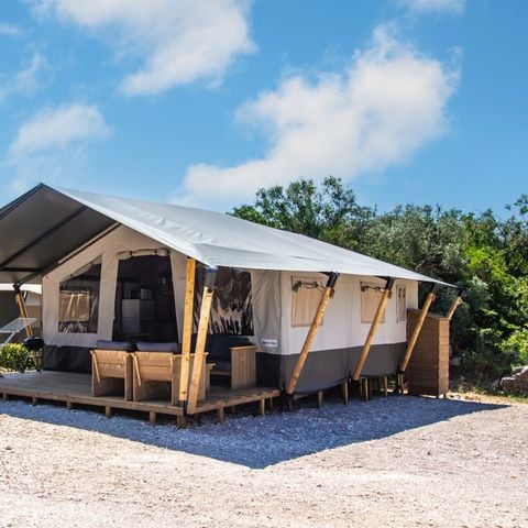 TIENDA DE LONA Y MADERA 5 personas - Polari - Tienda safari + instalaciones sanitarias + aire acondicionado (6P)