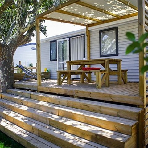 Mobilheim 6 personen - Premium | 3 Schlafz. | 6 Pers. | Erhöhte Terrasse | Klimaanlage | TV
