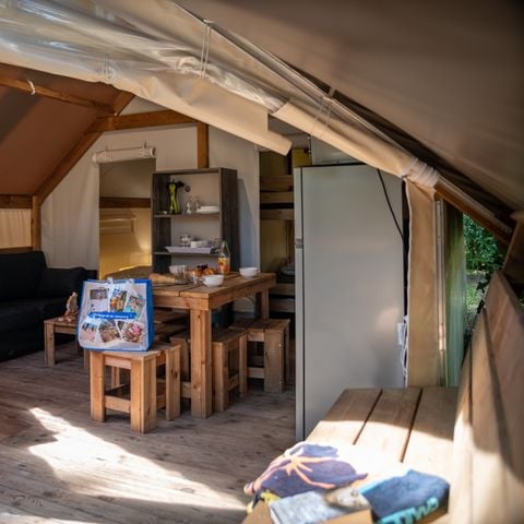 Tente en toile et en bois 5 personnes - Tente 2ch. GENET (2023) 21m² + terrasse semi-couverte 4/5 pers