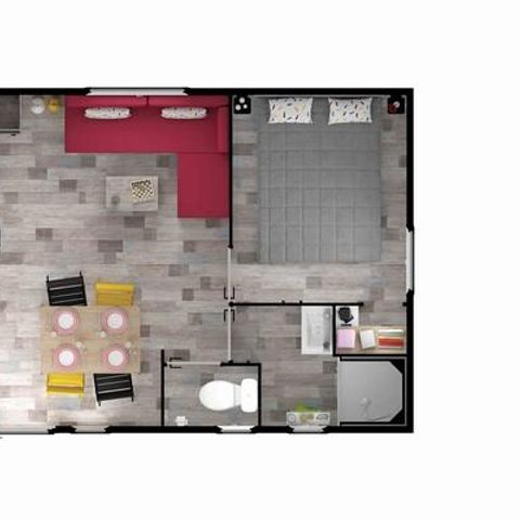Stacaravan 4 personen - BAHIA BOIS 29m² - 2 kamers met een overdekt houten terras en een solarium terras