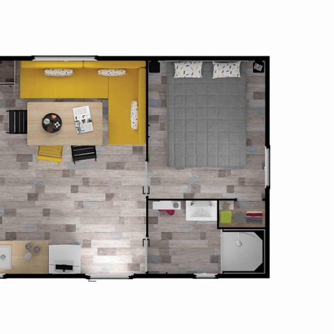 Stacaravan 6 personen - BERMUDES 31.50m² - 3 kamers - 6 slaapplaatsen, met houten terras