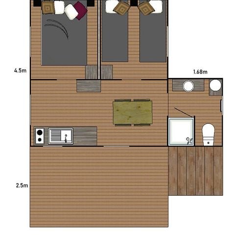 TIENDA DE LONA Y MADERA 5 personas - C- Lodge Pilotis - 2 habitaciones 24m² con terraza cubierta