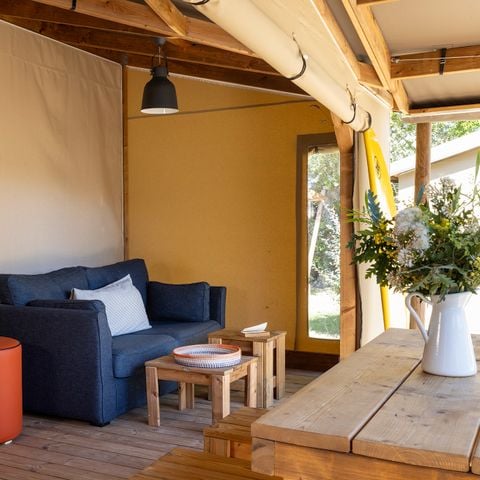 TENTE TOILE ET BOIS 4 personnes - Cabane Cotton Confort 32m² -  2chambres + Terrasse couverte