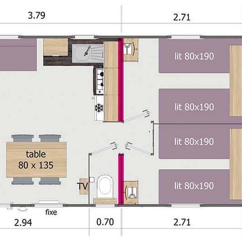 Mobilheim 6 Personen - CALIFORNIA TRIO Wohn 3 Schlafzimmer- TV 1/6 Pers.