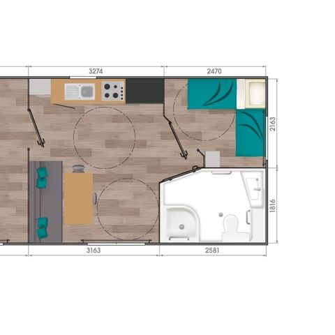 Mobilheim 4 personen - Premium - PMR 30 m² - 2 Zimmer - Halbüberdachte Terrasse - TV - KLIMA - Bettwäsche - Handtücher