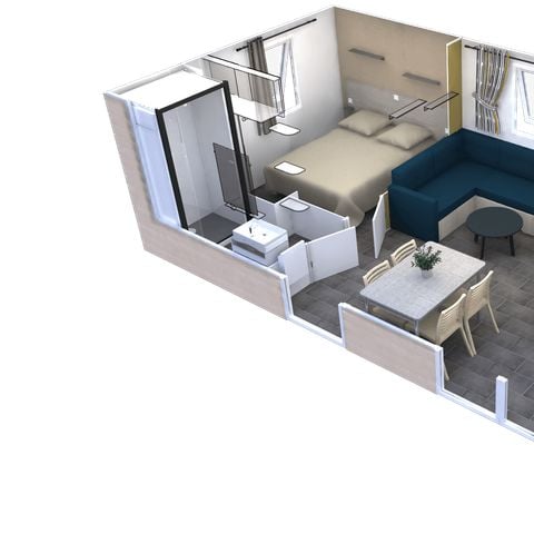 Mobilheim 5 personen - 2 Zimmer Premium 32m2 mit überdachter Terrasse von 18m2 Geschirrspüler, 2 Liegestühle
