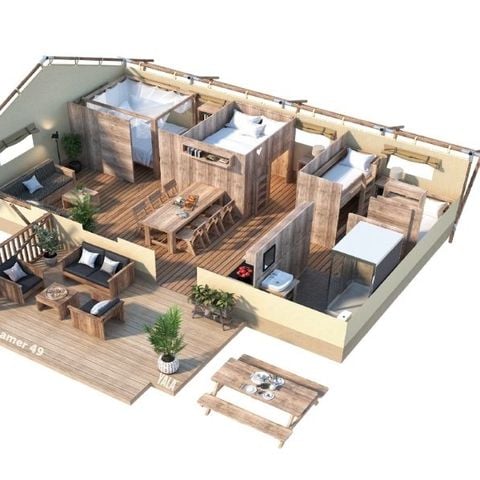 Tente en toile et en bois 7 personnes - TENTE LODGE 49 m2 3 ch 6/7 personnes