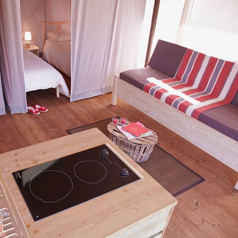 TENDA IN TELA E LEGNO 4 persone - Cabane Lodge Standard 20m² 2 camere da letto + asciugamani e lenzuola + terrazza coperta + TV