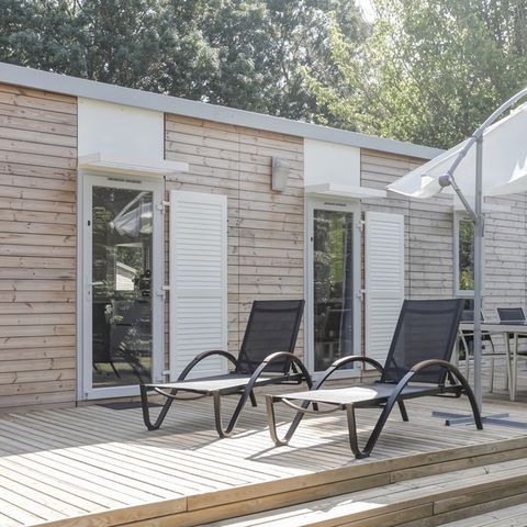 Mobilheim 4 personen - Premium 40m² 2 Schlafzimmer + KLIMA + TV + Panoramaterrasse + Bettwäsche + Handtücher