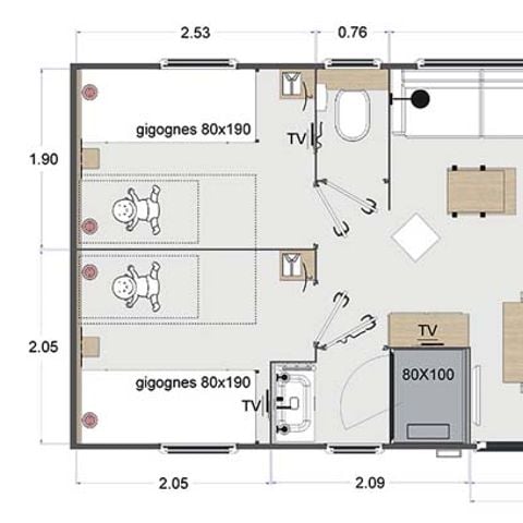 Mobile home 6 persons - Premium 40m² - 3 bedrooms - 2 bathrooms - Covered terrace - Reversible air conditioning - TV