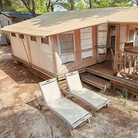 TIENDA DE LONA Y MADERA 5 personas - Tienda Safari | 2 Ch. | 4/5 Pers. | Clim.