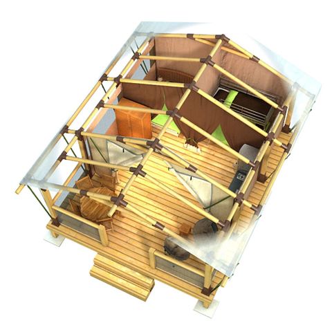 Tente en toile et en bois 5 personnes - Ecolodge toilé meublé 35 m² - 2 chambres - sans sanitaires - terrasse couverte face aux étangs