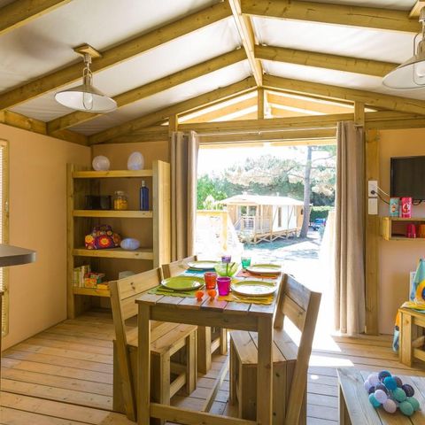 CANVAS AND WOOD TENT 5 people - Sweetflower Confort 43m² (2 bedrooms) + TV + sheets + towels + 11m² semi-covered terrace 4/5 pers.