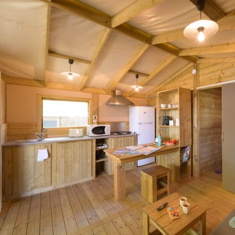 Safarizelt 4 Personen - Cabane Lodge Cosyflower PREMIUM 38m² (2 Zimmer) davon überdachte Terrasse 10m² + TV + Bettwäsche inklusive