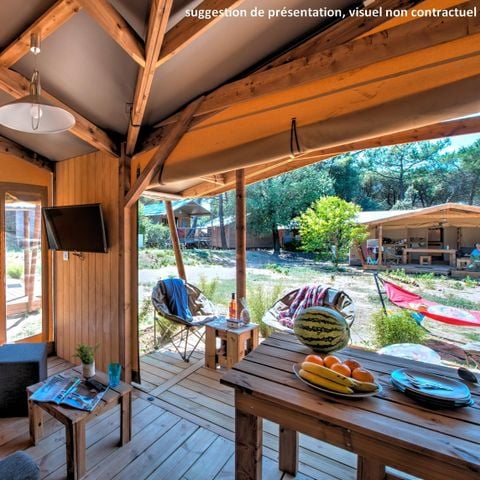 CANVAS AND WOOD TENT 5 people - Ecolodge Cotton Toilée CONFORT 32m² (2 bedrooms) + covered terrace 11m² + TV