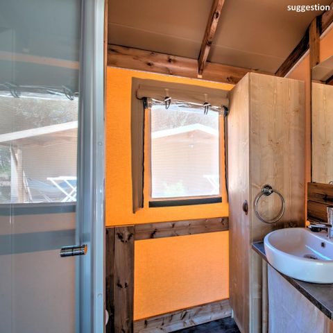 TENTE TOILE ET BOIS 5 personnes - Ecolodge Cotton Toilée CONFORT 32m² (2 chambres) + terrasse couverte 11m² + TV