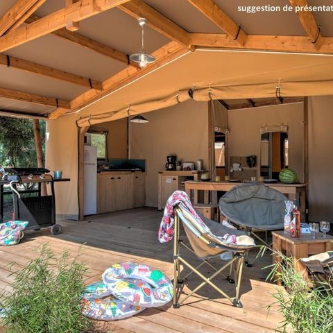 TIENDA DE LONA Y MADERA 5 personas - Ecolodge Cotton Toilée CONFORT 32m² (2 habitaciones) + terraza cubierta 11m² + TV