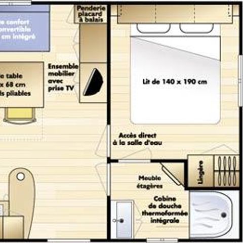 Mobilheim 5 personen - LOFT mit Überdachter Terrasse und Klimaanlage (max. 4 Erwachsene) - 2 Schlafzimmer.