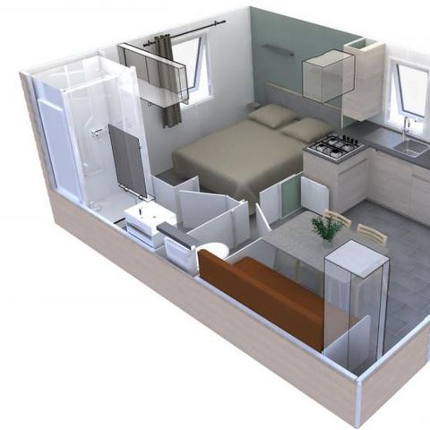 Mobilheim 2 Personen - Cottage Premium 20m² - (1 Schlafraum) + Klimaanlage + überdachte Terrasse + Geschirrspüler + TV + Bettwäsche 2 pers.