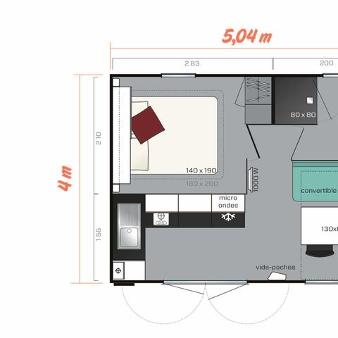 Mobilheim 2 Personen - Standard 20m² (1 Schlafz. - 2 Pers.) + TV + Terrasse