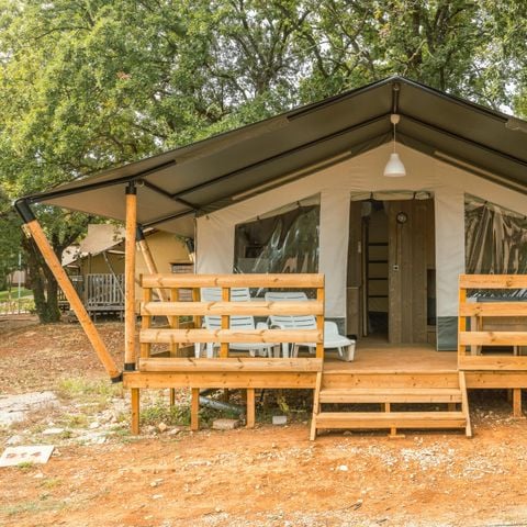 TENTE TOILE ET BOIS 5 personnes - Valkanela - Tente safari + sanitaires + climatisation (6P)