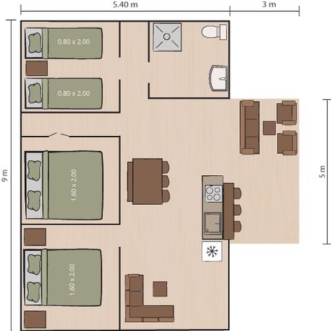 SafariZelt 5 Personen - Valkanela - Safari Zelt Bella Lodge + Sanitäranlagen + Klimaanlage (6P)