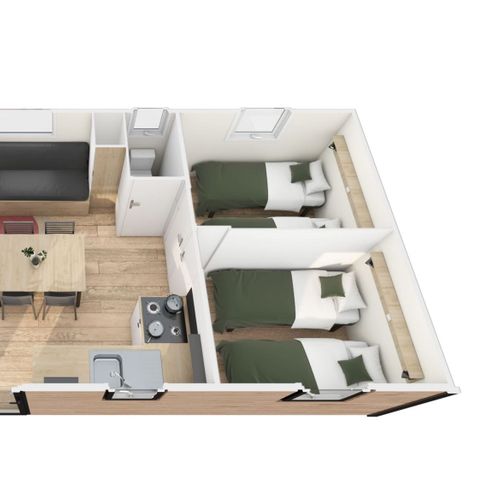 Mobilheim 6 Personen - Homeflower Premium 33,5 m² – 3 Schlafzimmer – halb überdachte Terrasse + Waschmaschine + Grill für 6 Personen