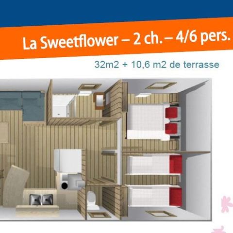BUNGALOW TOILÉ 5 personnes - Sweet Flower 32m² PREMIUM 2 chambres + terrasse couverte