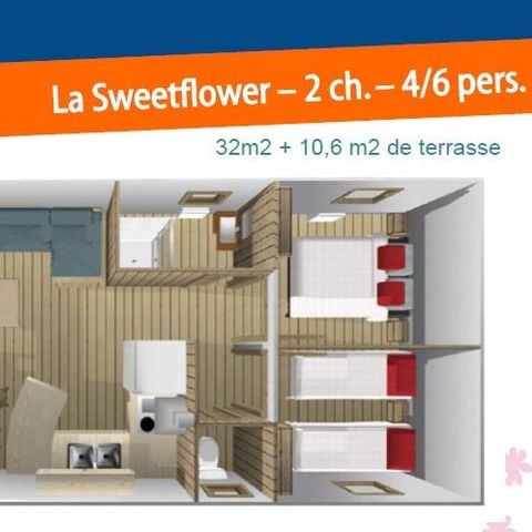 BUNGALOW DE LONA 5 personas - Sweet Flower 32m² PREMIUM 2 habitaciones + terraza cubierta