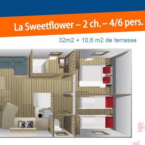 Bungalowzelt 5 Personen - Sweet Flower 32m² PREMIUM 2 Schlafzimmer + überdachte Terrasse