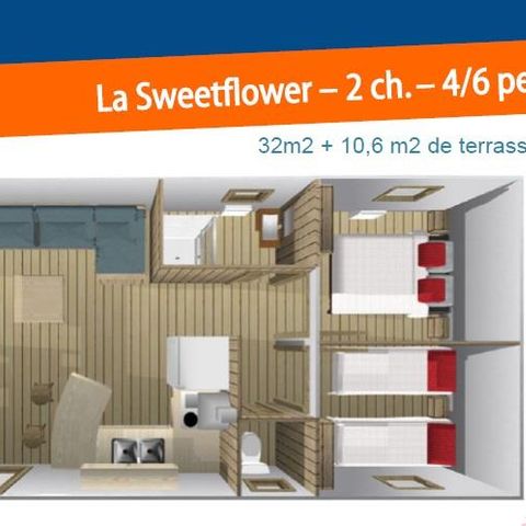 Glamping tent 5 persons - Sweet Flower 32m² PREMIUM 2 bedrooms + covered terrace