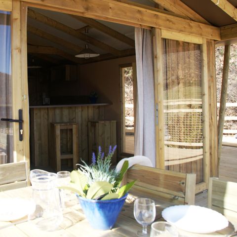 Bungalowzelt 5 personen - Sweet Flower 32m² PREMIUM 2 Schlafzimmer + überdachte Terrasse