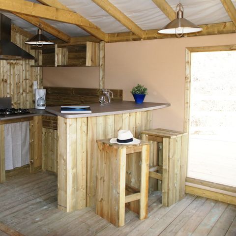 Bungalowtent 5 personen - Sweet Flower 32m² PREMIUM 2 kamers + overdekt terras