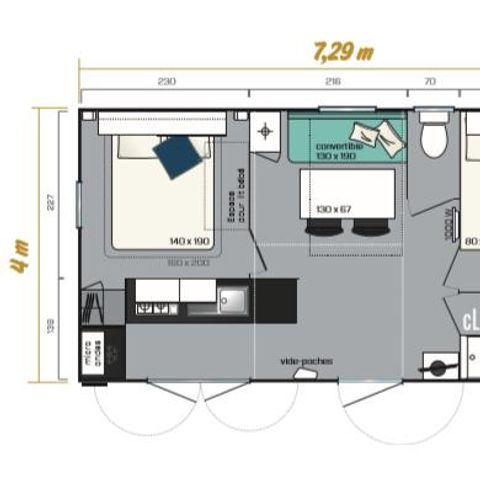 Mobilheim 5 personen - HomeFlower 26m² PREMIUM 2 Schlafzimmer + halbüberdachte Terrasse + TV + Klimaanlage