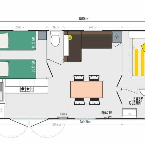 Mobile home 4 persons - Premium 2 bedrooms 32m² Covered terrace 12m² + LV + TV