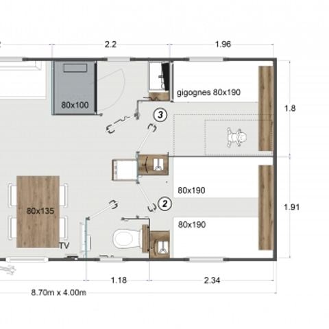 BUNGALOW 6 personnes - riviera Confort 32m² - 3 chambres + Terrasse + TV + Climatisation