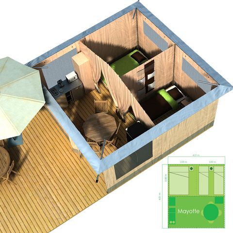 Glampingtent 4 personen - Standaard 16m² - 2 slaapkamers - geen badkamer
