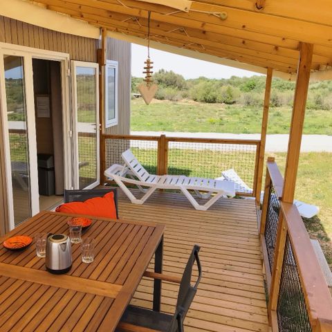 STACARAVAN 6 personen - Top Espace premium 32m², 3 kamers, overdekt terras 15m² + TV + vaatwasser + airconditioning