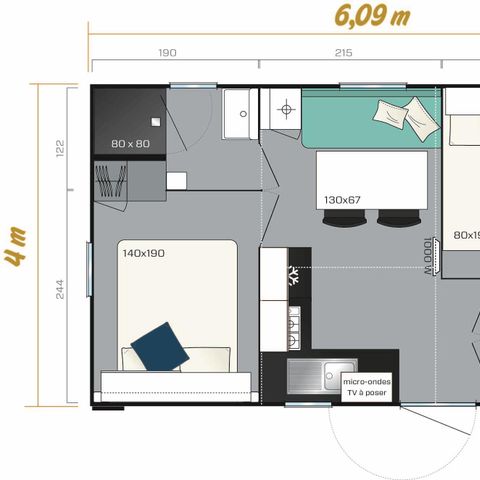 Mobile home 4 persons - Hawaii 21.70m², 2 bedrooms, air conditioning + covered terrace 11m². Brand new
