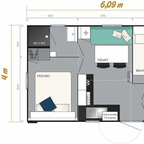 Mobilheim 4 personen - Hawaii 21.70m², 2 Schlafzimmer, Klimaanlage+überdachte Terrasse 11m². Neu