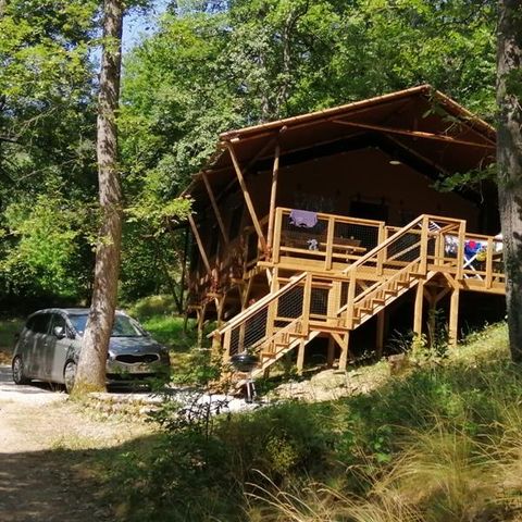 Tent van canvas en hout 6 personen - Tent LODGE LUXE XL LUXE SAFARI 61m² 3 Slaapkamers - Overdekt terras